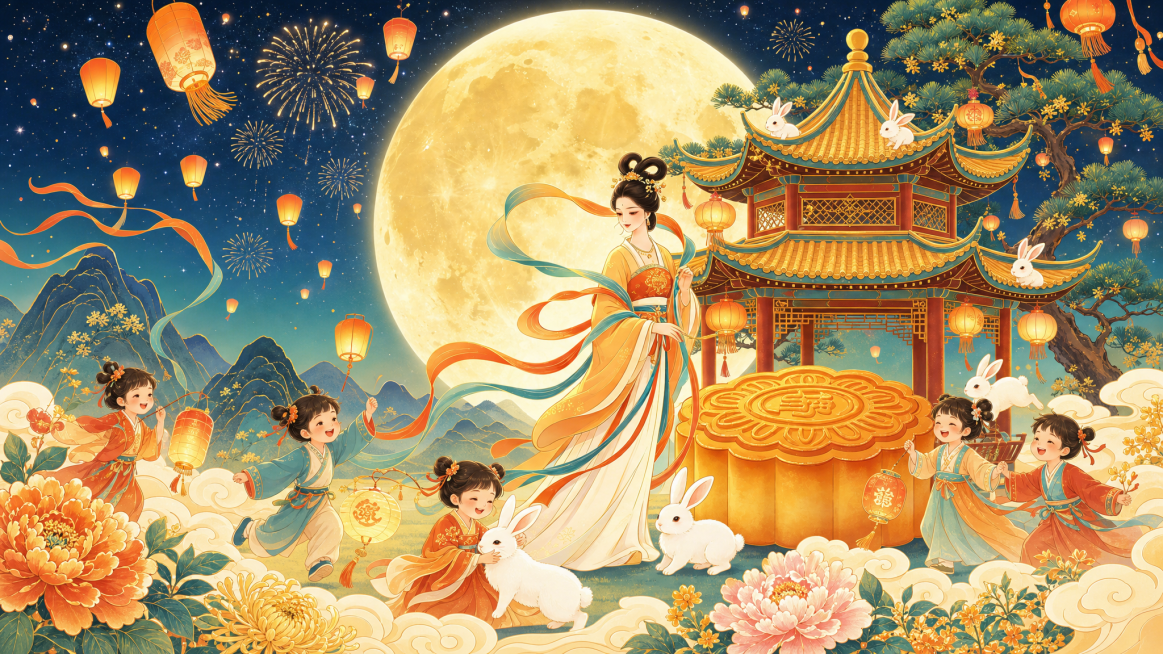 优化这幅中秋插画，增加更多活泼热闹的元素，比如增加几只嬉戏的玉兔，增加孩童，增加盛开的花卉，增加更多灯笼，让整体氛围更加热闹活泼，保持原有国潮风格，保留嫦娥、满月、月饼、亭子主要元素预览效果