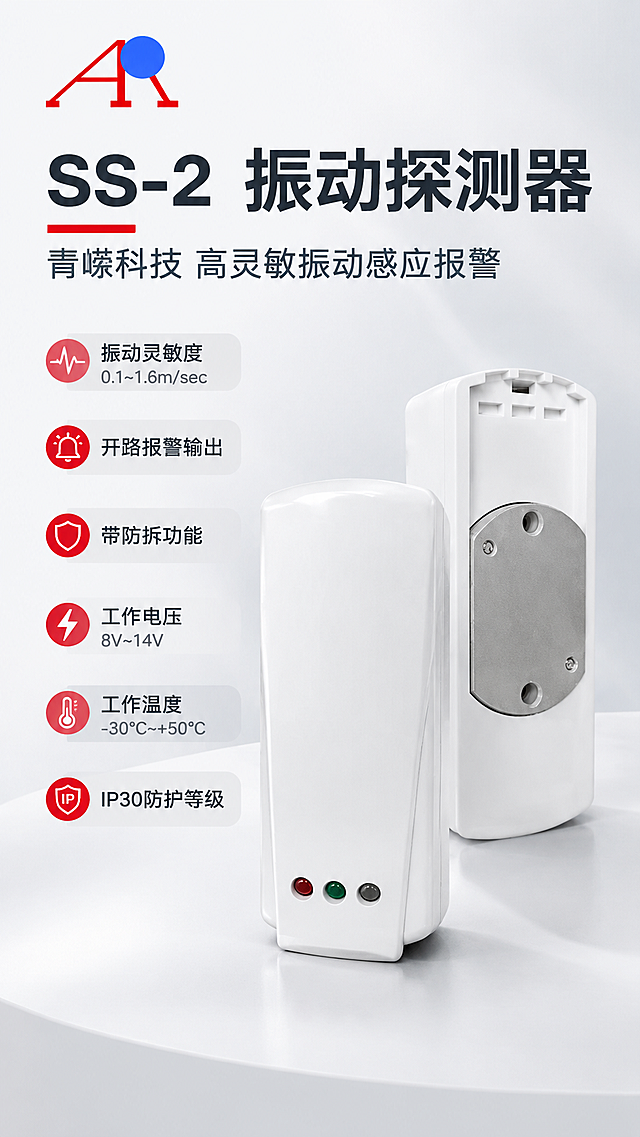 [商品] 使用【图1】SS-2振动探测器正面与背面两个视角；严格保留产品白色长条形外壳、正面底部三颗指示灯（红/绿/灰）、背面银色金属安装板及四颗螺丝孔、顶部格栅结构的原始外观、比例、颜色和材质，不扭曲、不变形、不改结构。左上角放置【图2】品牌LOGO（红色AR图形+蓝色圆点），LOGO清晰可辨且不遮挡产品主体。
[画面] 页面目标：专业头图，建立报警行业高端专业形象。构图：左上方LOGO，产品主体居中偏右，占画面约55%，正面视角在前、背面视角在后侧方错落摆放，体现产品全貌；左侧及上方留白区域用产品名称和核心参数文字填充，无空白区域。柔和棚拍光，产品下方有自然投影。阅读动线：左上LOGO→顶部大标题→左侧参数栏→产品主体。
[视觉] 套系策略：风格=报警行业专业克制高级商业棚拍；标题字=现代无衬线粗黑体（思源黑体Heavy）；正文字=简洁无衬线体（思源黑体Regular）；主色=白色+中灰色；背景延展=由白色向浅灰做柔和渐变，细腻哑光质感，无深色背景；强调色=警示红（#D32F2F），仅用于小面积图标、引线、重点参数标签和标题点缀；标题色=深炭灰；正文色=中灰；组件=细线信息卡、红色引线标注、圆角浅灰参数块；光影=左前侧45°柔和棚拍光，产品边缘清晰，质感干净。
[文字] 顶部主标题「SS-2 振动探测器」（大字凸显，深炭灰，红色下划线点缀）；副标题「青嶸科技 高灵敏振动感应报警」；左侧参数栏6项：振动灵敏度0.1~1.6m/sec、开路报警输出、带防拆功能、工作电压8V~14V、工作温度-30°C~+50°C、IP30防护等级，每项配小图标，文字横向排版，手机端清晰可读。所有文字均为横排。
[规格] 图片比例9:16竖版，4K分辨率，负向提示：避免产品变形扭曲、深色背景、高饱和彩色、文字竖排/斜排、文字过小不可读、空白区域过多、产品结构缺失、LOGO错误。