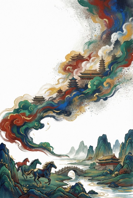 水墨，油画，中式风格，从画面左下角延伸到画面右上角的一团五彩抽象云雾，云雾里隐约出现大量的中国古典建筑的剪影。笔刷质感，晕染质感，颗粒感，边缘消散。高饱和度，色彩对比。超大面积的留白。线描插画，细腻质预览效果