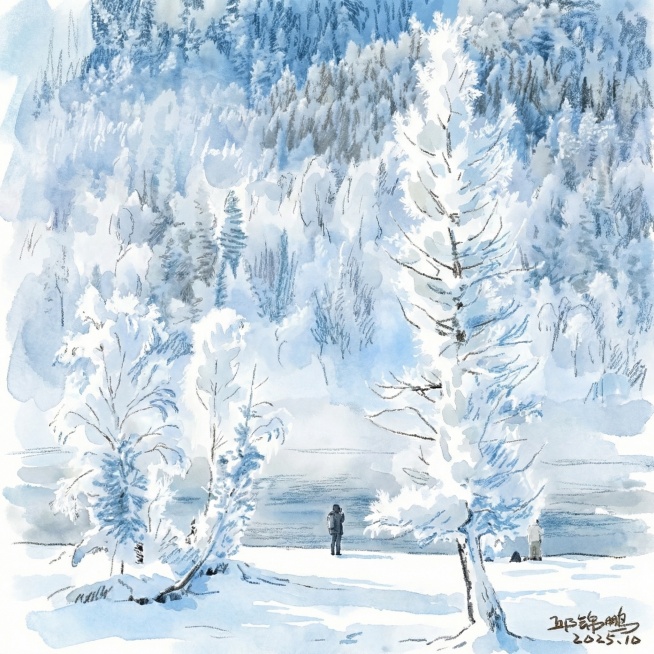 将图2的雾凇雪景转换为图1的手绘水彩风格，色彩清新柔和，保留雾凇树林、雪地、人物元素，生成1:1比例的图片预览效果