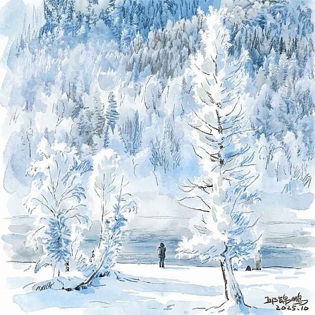 将图2的雾凇雪景转换为图1的手绘水彩风格，色彩清新柔和，保留雾凇树林、雪地、人物元素，生成1:1比例的图片