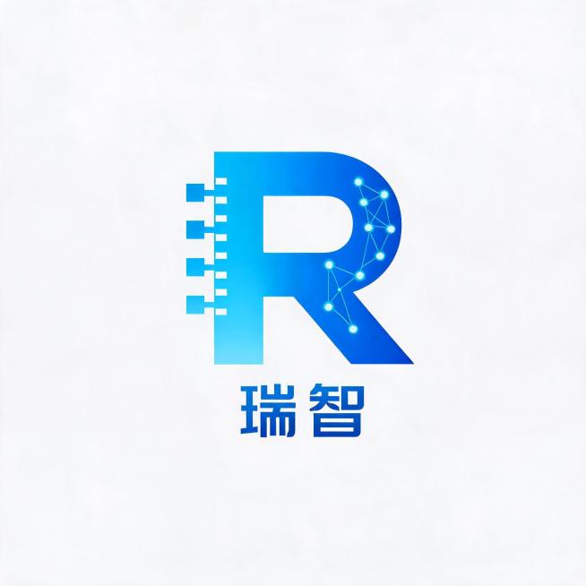 蓝色科技风格AI智能logo图标，主体为字母"R"，融合"瑞智"（祥瑞智慧）的寓意，将字母R进行创意抽象变形，部分笔画融入AI芯片、神经网络、数据流元素，整体呈现简约现代的科技感，纯净的浅色背景，lo预览效果