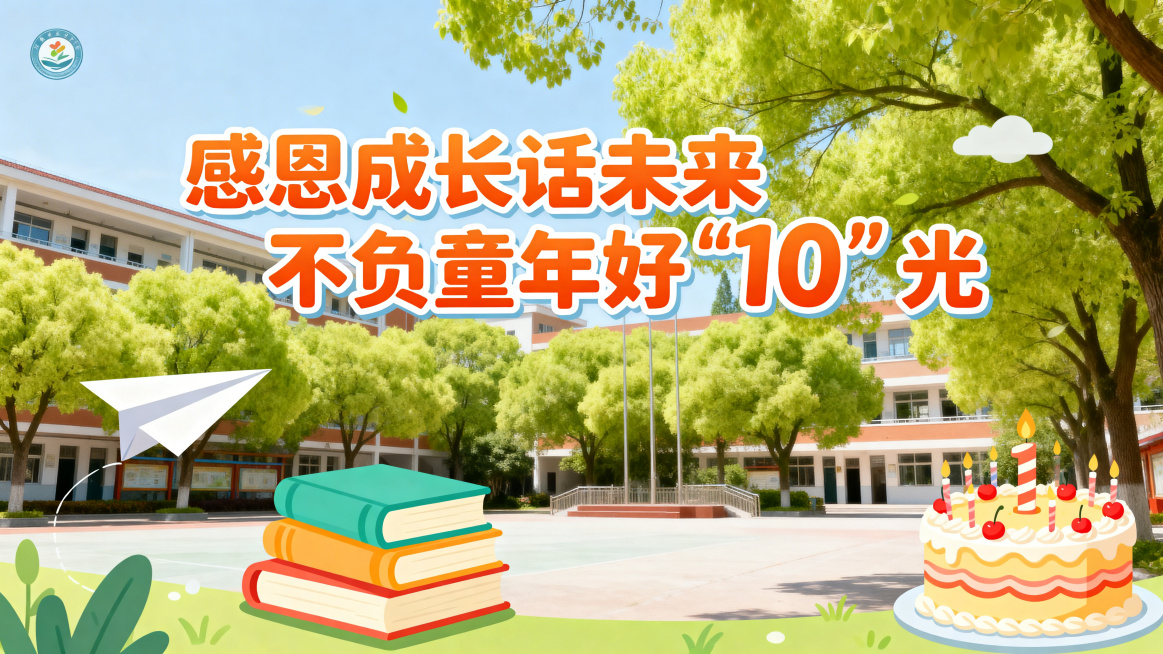 小学三年级十岁生日活动海报，阳光清新风格，带有文化气息，背景为明亮的校园户外场景，有嫩绿色的树木、卡通风格的书本、纸飞机和十岁生日蛋糕元素，画面上方有醒目文字"感恩成长话未来 不负童年好'10'光"，预览效果