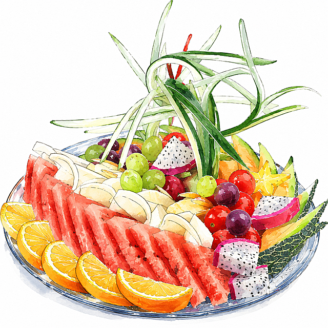 参考原图构图，重新生成手绘插画风格的水果拼盘