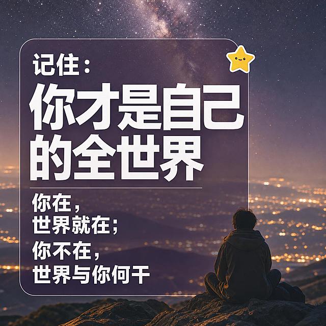 小红书笔记大字封面，配图大字，ins清新治愈胶片风，版式精美，小红书笔记封面质感，适合情绪日常灵感记录，安静松弛治愈。主标题必须完整呈现且为画面视觉中心，逐字锁定：「记住： 你才是自己的全世界 你在，世界就在；你不在，世界与你何干」。主标题字号占画面约55%视觉权重，分行排版清晰可读，手机端醒目，不得增删改字。背景：星空下的山顶远景，虚化的银河与城市灯火，浅景深，暖调胶片颗粒，muted tones，soft diffused window light, warm film grain, shallow depth of field，写实氛围感，适合放文字。标题排版：扁平粗黑体，白色字加深紫色半透明底框，"你才是自己的全世界"字号最大最醒目，文字横平竖直无扭曲无模糊无错字。装饰：右上角1个小星星emoji贴纸点缀；另加细圆角线框衬托文字区。整体氛围：辽阔、清醒、向内看的力量感与治愈感，胶片质感，虚化背景突出文字。画质：高清细腻，信息层级清晰，文字完整处于安全区内不可裁切，四周留安全边距，无乱码，无过度装饰，信息不堆满。画面比例3:4，4K。