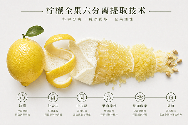 柠檬全果六分离提取技术示意图，3:2横版比例，真实摄影质感。画面主体是一个被逐层剥离但仍保持有机联系的柠檬，而不是完全分开的独立个体。从左到右是一个连续的柠檬解构过程：最左侧是完整的柠檬，然后向右逐渐展开，柠檬皮被优雅地螺旋削开但仍与果实相连，海绵层部分掀开但仍附着，果肉颗粒从果肉中溢出但有连接感，果核从中心显露。六个分离部分（油囊、外表皮、中皮层、果肉榨汁、果肉收集、果核）通过一个连续的柠檬形态串联起来，彼此之间有视觉连接和过渡，不是完全割裂的独立个体。所有文字为深橄榄绿色，标题和说明文字清晰，底部有简约的线性图标标注。背景为干净的浅灰白色，整体真实摄影质感，科学且有美学感，柠檬各部分有机联系、层层递进。