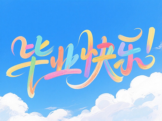 梦幻水彩插画风，大字“快乐”飘浮云端，色彩斑斓，节日氛围浓厚。