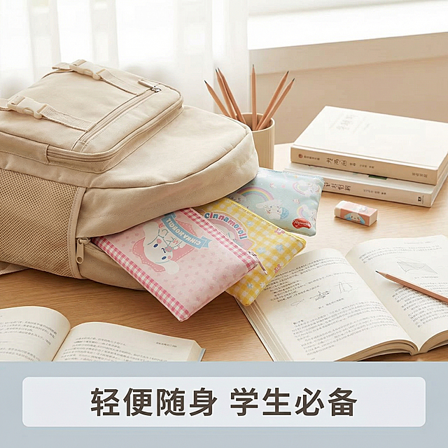 [主图 3] 玉桂狗笔袋便携性场景展示
[氛围/风格] 校园生活化，可爱清新，自然柔和
[画面元素] 玉桂狗笔袋放在打开的学生书包侧兜旁，展示它轻便易携带的特点，背景是干净的书桌桌面，摆放了几本课本和铅笔，营造学生日常使用场景，笔袋图案颜色和原图保持一致
[配色色系] 整体暖调浅色系，保留产品清新马卡龙配色，背景木色桌面自然柔和
[视角构图] 平视俯视结合，场景自然，产品清晰可见
[文字版式] 底部浅灰色半透明框，白色文字“轻便随身 学生必备”，一字排开，不遮挡笔袋主体
[比例分辨率] 1:1比例，2k分辨率