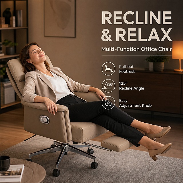 A professional businesswoman sitting on the beige leather office chair from the reference image, demonstrating the reclining and footrest feature. The chair is fully reclined with the footrest extended, showing the chair's relaxation function. The woman is in business casual attire, leaning back comfortably with a satisfied expression. Modern office lounge background. English text overlay reads "RECLINE & RELAX" as the main title and "Multi-Function Office Chair" as subtitle, with features: "Pull-out Footrest", "135° Recline Angle", "Easy Adjustment Knob". Premium product photography style, warm soft lighting, 1:1 square composition, lifestyle commercial aesthetic.