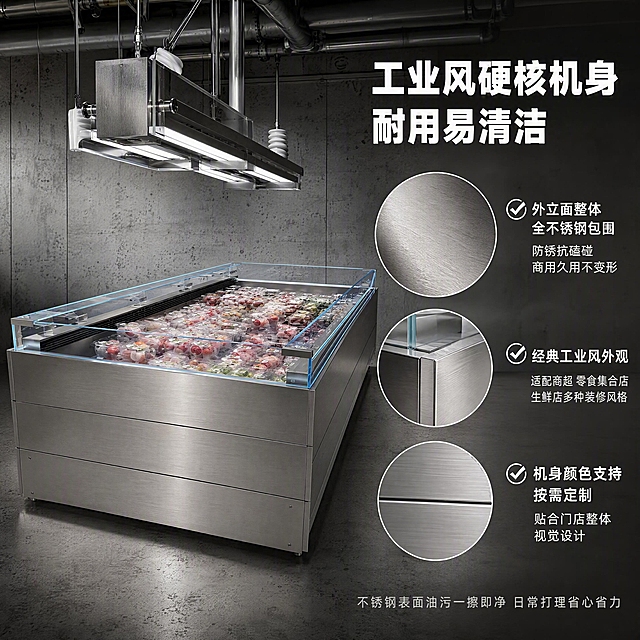 [第4张] 详情页-外观材质工艺，工业风硬核机身主题。本张使用【图1】作为商品主体。
[氛围/风格] 工业风质感，硬朗专业，突出不锈钢材质和工艺细节，商业摄影质感。
[元素布局] 卧式敞口冷藏柜置于画面左侧，占比约55%，正面角度展示全不锈钢外立面的金属质感和拉丝纹理。右侧有2个圆形放大特写框：上方展示不锈钢拉丝纹理细节，下方展示边角焊接工艺细节。右侧为文案区，3条卖点逐条排列。背景为工业风场景，浅灰色水泥墙面+金属管道吊顶元素，营造商用工业环境感。保持冷藏柜外观结构、材质、颜色与输入产品图完全一致。
[光影质感] 侧上方硬光为主光，突出不锈钢的金属质感和拉丝纹理，明暗对比分明，工业感强烈；辅光补亮暗部细节，整体光线硬朗专业。
[配色色系] 全局底色深灰工业风；主色不锈钢银灰金属色；辅助色金属高光白+水泥灰；强调色白色文字。
[视角构图] 正面微仰视角度，柜体居左，右侧文案+特写框，突出全不锈钢外立面的厚重质感。
[文字版式] 右侧文案区左对齐。主标题「工业风硬核机身 耐用易清洁」，白色粗体大号字。下方3条卖点逐条排列，每条前配对勾图标：第一条「外立面整体全不锈钢包围 防锈抗磕碰 商用久用不变形」；第二条「经典工业风外观 适配商超 零食集合店 生鲜店多种装修风格」；第三条「机身颜色支持按需定制 贴合门店整体视觉设计」。底部附加优势一行浅灰色：「不锈钢表面油污一擦即净 日常打理省心省力」。
[比例分辨率] 1:1正方形比例，4K分辨率，文字清晰可辨，高清画质。
[负向提示词] 变形，水印，文字错乱，文字过小，缺件错件，结构错误，颜色偏差，产品图模糊，背景杂乱，电商平台Logo。