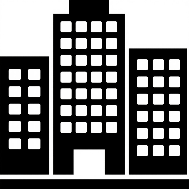 极简风格建筑图标，由三栋高低错落的黑色剪影建筑组成，主要建筑高耸，两侧建筑稍矮，均带有规则排列的白色方形窗户，底部有水平基线，整体线条简洁硬朗，几何感强，白色背景，无任何文字和装饰元素。预览效果