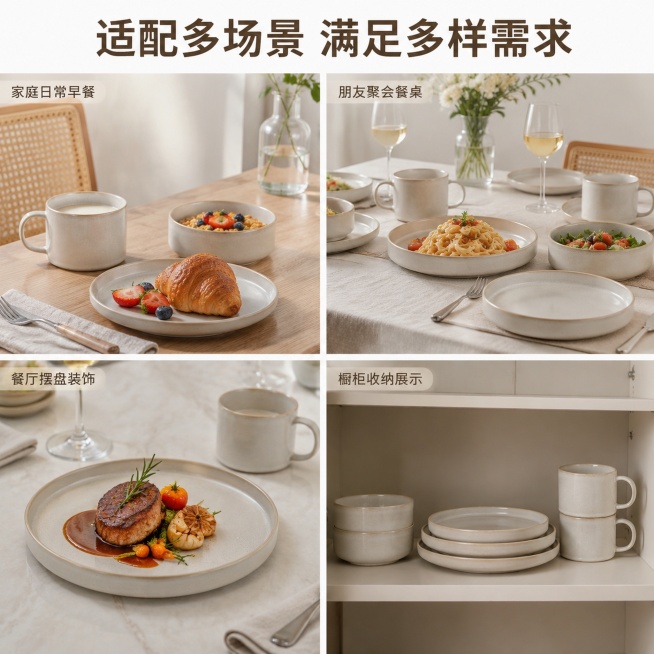 [主图-4] 多场景适用展示宫格图
[氛围风格] 生活化代入感，展示多场景适配性
[画质] 商业摄影质感，光线柔和真实，画面清晰干净，统一风格光影
[元素] 四宫格展示餐具不同使用场景：第一格家庭日常预览效果