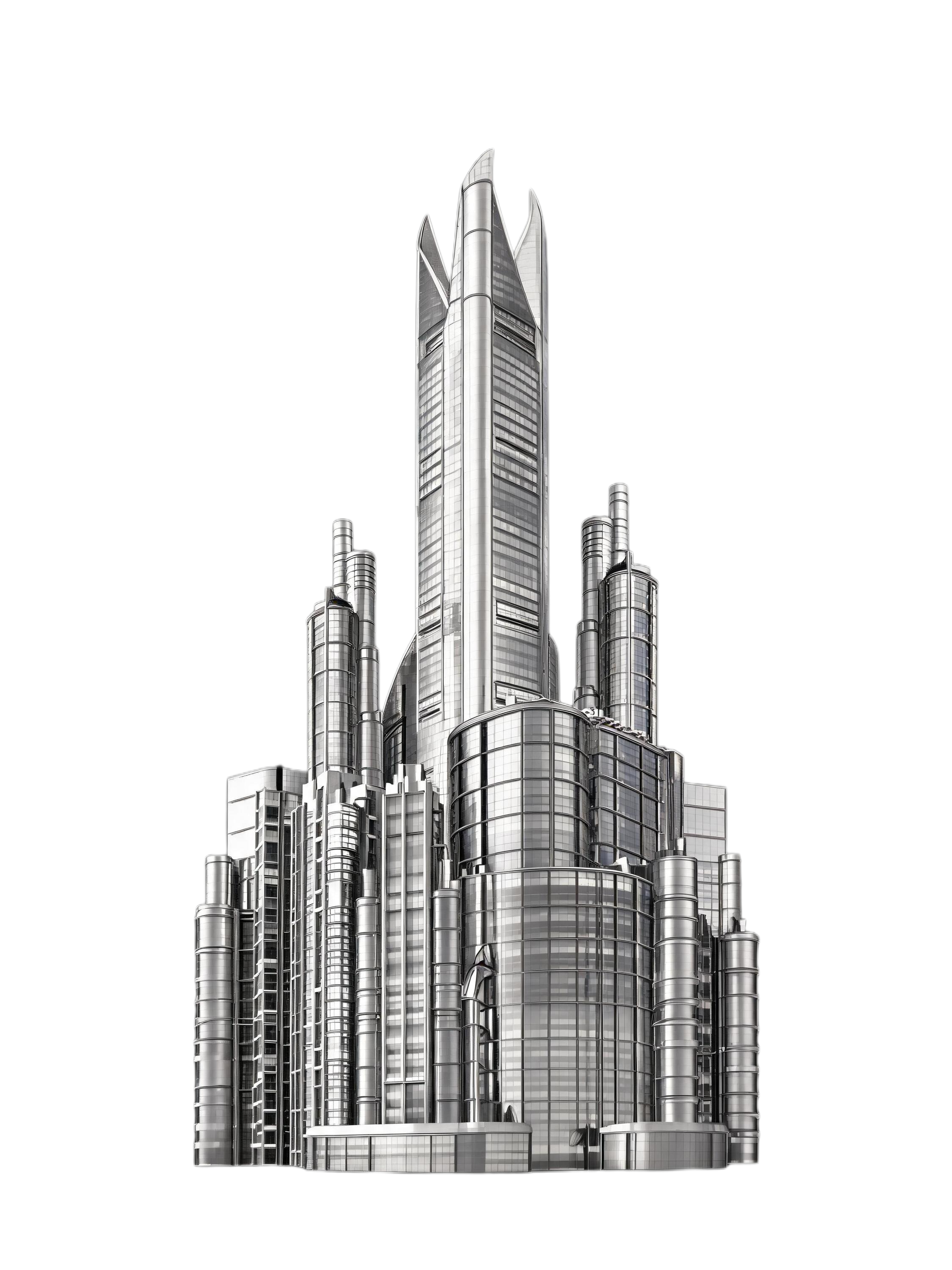 换一种不同的建筑样式，保留金属银质感未来都市建筑群风格，黑白高… - 图片创意预览