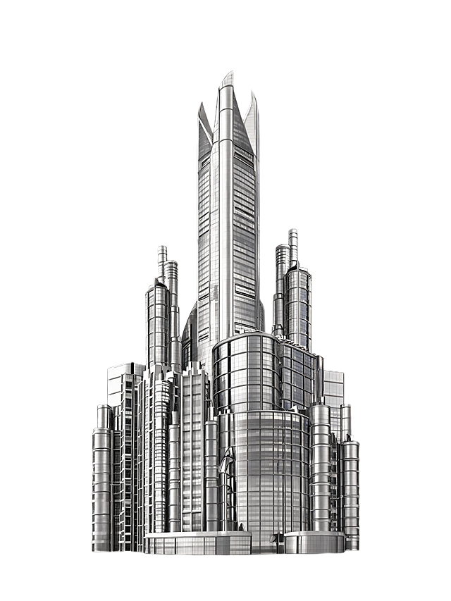 换一种不同的建筑样式，保留金属银质感未来都市建筑群风格，黑白高对比赛博商务风，纯黑透明免抠基底，垂直居中对称竖版构图，高低错落摩天楼集群，中心尖顶超高层塔楼作为视觉制高点，搭配圆柱、弧形、方正多形态玻璃楼宇，层次堆叠富有纵深感，金属镜面质感，纯黑纯色背景，金属镜面细腻明暗渐变，幕墙方格分割线条规整，塔楼造型几何利落，高光与阴影对比强烈，金属反光质感高级，建筑边缘干净无杂边，单色系冷调金属银灰，黑白强对比极简高级
