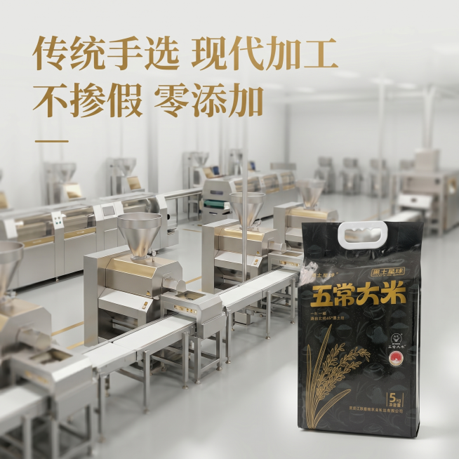 [主图 9] 现代化加工工艺展示
[氛围风格] 专业干净，现代工业风
[画质] 高清商业摄影，清晰专业
[元素] 产品包装放置在右下角，保持原图外观不变，背景展示现代化大米加工生产线局部虚化场景，干净预览效果