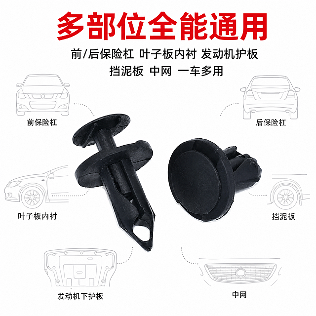 [电商主图] 汽车膨胀卡扣 多部位通用卖点主图。保持产品黑色塑料材质和结构不变，基于原图产品生成。[氛围/风格] 拼多多卖点可视化主图，清晰直观，商业风格。[画面元素] 产品放置在画面中心，背景用浅灰色简绘示意图标注产品可安装位置：前保险杠 后保险杠 叶子板 发动机下护板 挡泥板 中网，示意图简单不抢主体，产品占据画面中心50%位置。[光影质感] 主光清晰照亮产品，示意图线条干净，整体干净明快。[配色色系] 背景#FFFFFF，产品黑色，示意图浅灰色线条，卖点文字红色。[文字版式] 顶部标题 "多部位全能通用"，红色粗体居中；下方分行文字 "前/后保险杠 叶子板内衬 发动机护板" "挡泥板 中网 一车多用"，黑色常规字体居中对齐，布局疏朗。[比例分辨率] 1:1正方形，1024x1024，2K，文字清晰超高清。[负向提示词] 产品变形，文字重叠，背景杂乱，示意图遮挡主体。