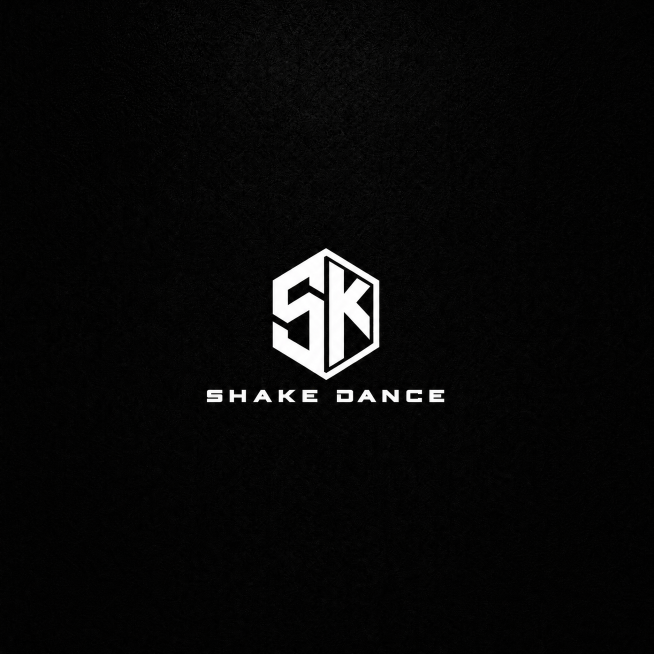 去掉四个角的所有海浪图案，保留居中的SK六边形logo和SHAKE DANCE英文文字，保持黑色哑光地胶背景，logo保持白色，整体干净简洁预览效果