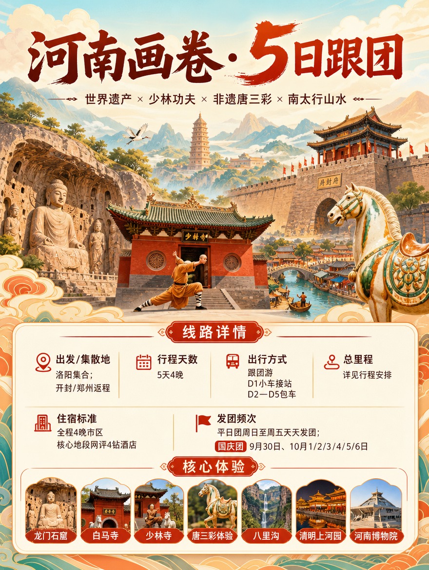 [商品] 非实物旅游服务产品，河南画卷·5日跟团游路线产品页；… - 图片创意预览