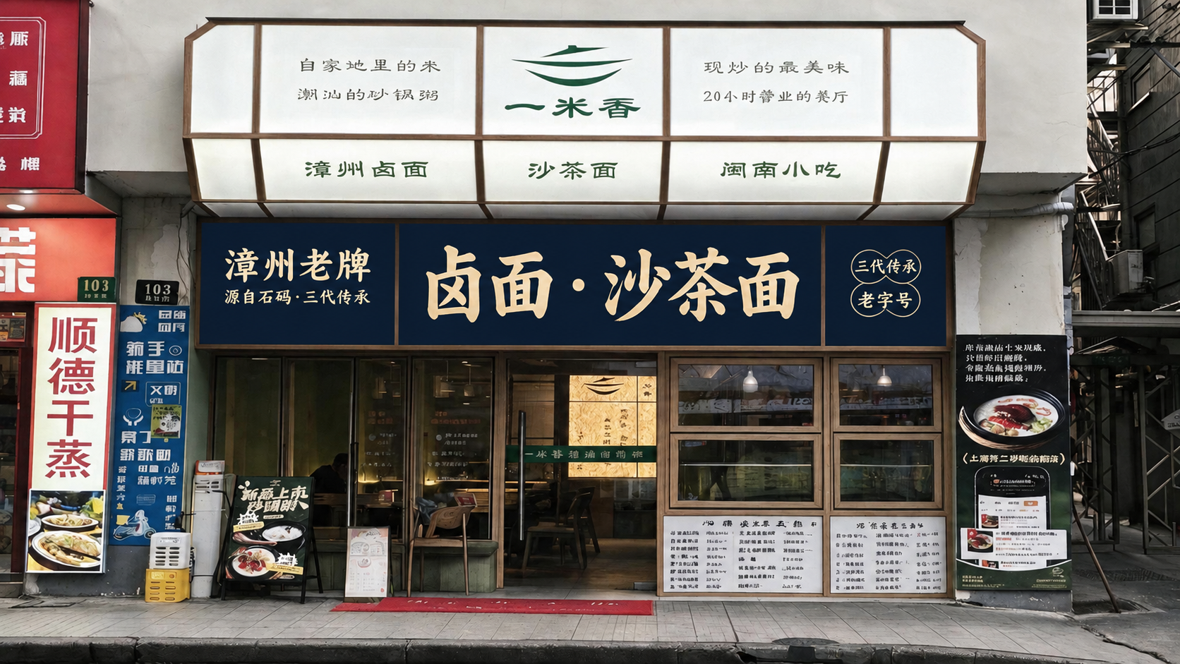 门头中间招牌底板换成藏蓝色（深蓝），文字金色/米白：“漳州老牌… - 图片创意预览