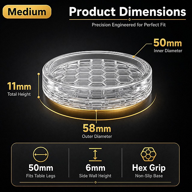 [Amazon尺寸图 黑金配色 Medium 50mm] Jenck透明硅胶家具脚垫尺寸参数图，Medium型号50mm，1:1正方形，黑金高端配色，高级感强，促进转化。

[整体布局] 采用"上标题+中产品3D标注+下参数卡片"的三段式高级布局，摒弃原图的左右分栏简陋排版。深灰到黑色渐变背景，金色线条和文字点缀，整体科技高端感。

[顶部标题区]
- 左上角金色圆角胶囊标签，黑色粗体字 "SIZE M" 或 "Medium"
- 右侧大标题：白色粗体 "Product Dimensions"，下方金色细线装饰
- 标题下方一行小字：灰色 "Precision Engineered for Perfect Fit"

[中部产品3D展示区]
- 画面中心偏上位置：一个大尺寸透明硅胶脚垫3D立体展示，略微俯视45度角，产品占画面核心位置，清晰展示内部六边形蜂窝纹路
- 产品上有3条金色标注引线，分别指向三个尺寸，引线末端是金色小圆点，引线线条纤细精致：
  1. 从顶部内圈直径引出，右侧标注金色大号数字 "50mm"，下方灰色小字 "Inner Diameter"
  2. 从底部外圈直径引出，下方标注金色大号数字 "58mm"，下方灰色小字 "Outer Diameter"
  3. 从侧面高度引出，左侧标注金色大号数字 "11mm"，下方灰色小字 "Total Height"
- 产品下方有一个金色半圆弧线托底，增加高级感和悬浮感

[底部参数卡片区]
- 画面底部一张深灰色圆角参数卡片，带细微金色描边
- 卡片内分三列，每列上方金色小图标，中间白色大数字，下方灰色说明文字：
  左列：直径图标 + "50mm" + "Fits Table Legs"
  中列：高度图标 + "6mm" + "Side Wall Height"
  右列：防滑图标 + "Hex Grip" + "Non-Slip Base"
- 卡片底部一条细金色装饰线

[产品外观] 严格保持：圆形透明硅胶脚垫，带围边，内部六边形蜂窝纹路，底部方格纹路，高透硅胶材质

[背景与光影] 深炭灰到黑色的径向渐变背景，中心稍亮四周渐暗，产品有柔和的顶光和侧光，透明材质有清晰高光和折射，底部有柔和金色反光，整体立体感和高级感强。

[配色] 主色：深灰黑渐变背景；强调色：金色（标注线、数字、图标、装饰线）；文字：白色标题 + 灰色说明文字

[比例分辨率] 1:1正方形，2048x2048像素，2K分辨率，尺寸数字清晰可读

[负向提示词] 蓝色、红色、绿色、简陋排版、左右分栏、蓝色圆角框、沙发图片、中文文字、水印、模糊、变形、产品穿模、方格纹路内部（内部必须是六边形蜂窝纹路）、廉价感