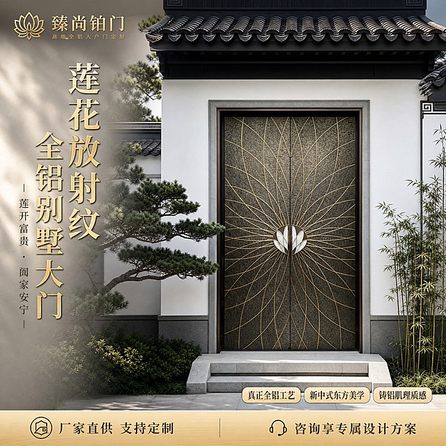 [主图-1] 品牌成交首图，核心展示莲花放射纹全铝别墅双开大门的高端新中式气质，一眼心动的宅院大门。
[统一基调] 新中式高端雅致风格，深古铜金为主色调，米白浅灰为背景辅色，标题字用鎏金粗体，辅助文字用深灰宋体，强调色为莲花白，整体传递东方美学与品质感，专业大气。
[画面] 画面主体为莲花放射纹别墅双开大门，正面居中展示，占画面约70%。大门保持原图外观：深古铜色铸铝肌理表面，中心莲花造型拉手，鎏金线条从中心向外层层舒展绽放呈放射状，莲花瓣为乳白色。大门安装在新中式宅院入口，背景是白墙黛瓦的中式建筑，左侧有造型松树，右侧有青竹，门前两级石阶，地面铺浅灰色石材。左上角放置「臻尚铂门」品牌logo，字体为典雅宋体鎏金色。左侧竖排主标题大字「莲花放射纹 全铝别墅大门」，下方小字副标题「莲开富贵 阖家安宁」。右下角放三个圆角功能胶囊标签：「真正全铝工艺」「新中式东方美学」「铸铝肌理质感」。底部一条浅金色信息条，左侧写「厂家直供 支持定制」，右侧写「咨询享专属设计方案」。
[光影质感] 商业摄影质感，自然光从左上方照射，大门表面铸铝肌理清晰可见，鎏金线条有金属光泽反光，莲花拉手有温润玉质感，门前石阶有柔和阴影，整体光影自然通透，突出大门的厚重质感与精致细节。
[配色] 主色深古铜金，背景米白浅灰，标题鎏金色，辅助文字深灰色，强调色莲花乳白，信息条浅金色，整体配色典雅高级。
[文字版式] 左上角品牌logo横排，左侧主标题竖排鎏金粗体大字，副标题在主标题下方缩小50%，右下角三个胶囊标签横向排列，底部信息条通栏。文字均放在负空间，不遮挡大门主体。
[输出要求] 比例1:1，文字清晰可读，产品清晰完整不变形，无错字，无水印，无平台logo，画面干净高级。