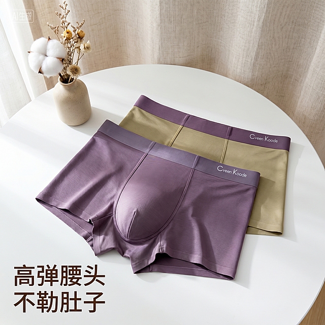 [主图 3] 紫卡其拼色男士冰丝内裤特写展示图
[氛围风格] 简约质感商业摄影，突出产品质感
[画质] 商业摄影质感，光线柔和通透，产品清晰真实，画面干净高级，超高清
[元素] 两条紫卡其拼色的男士冰丝平角内裤错落摆放在圆形白色桌上，花瓶搭配棉花干花作为点缀，保持内裤原有颜色、材质、logo和结构完全一致，杜绝变形和色差，商品主体占比约70%，背景为浅色亚麻质感背景布
[光影] 柔和自然光从左侧入射，冰丝面料光泽自然，褶皱处阴影清晰，突出面料顺滑质感
[配色] 浅米白色背景搭配紫卡其柔和色彩，整体色调干净高级
[视角构图] 45度俯视，主体居中，构图均衡
[文字版式] 左下角放置卖点文字 "高弹腰头 不勒肚子"，深棕色字，不遮挡产品主体
[比例分辨率] 1:1 比例，2k分辨率，文字清晰可辨
[负向提示词] 变形，水印，文字错乱，产品模糊，背景杂乱，颜色失真，文字遮挡产品
