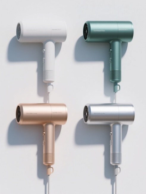 一组4个不同配色、不同样式、不同材质的吹风机造型，符合现实逻辑，采用上下两行对齐排列，浅色背景，整体呈现简约现代的3D产品渲染风格，主色调明快和谐，光影运用自然，高光与阴影细节丰富，展现出吹风机不同材质的质感，如磨砂、亮面、金属等，构图布局对称平衡，视觉层级清晰，信息传达高效，具有现代产品设计感。预览效果
