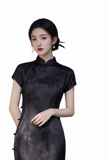 去掉图片中人物脖子上的珍珠项链，保留黑色旗袍和人物其他部分不变，保持整体风格和画质一致预览效果