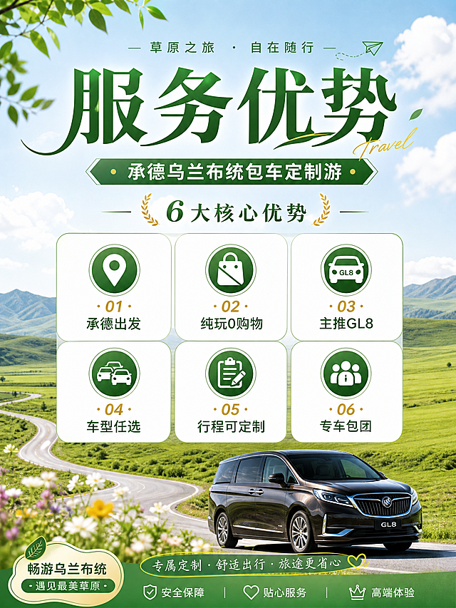 从承德出发，一路玩到乌兰布统草原？ 不想跟团赶场、不想进购物店、不想在路况上操心？ 随行旅行——承德本地车队，一单一团，行程自由定制。 ✅ 纯玩0购物 ✅ 别克GL8舒适座驾 ✅ 专属司机服务 你只管沉浸风景，剩下的交给我们。  🌟 为什么选我们？ 01 承德出发 —— 衔接方便，说走就走 02 纯玩0购物 —— 拒绝赶场，体验更纯粹 03 别克GL8主推 —— 舒适商务座驾，长途更轻松 04 5-55座任选 —— 家庭/朋友/团队都适配 05 行程可定制 —— 草原摄影/亲子度假/休闲轻松都可安排 06 专车包团 —— 一单一团，时间更自由  🚐 甄选座驾 ✨ 别克GL8主推 | 5-55座多种车型可选  商务车（7座）—— 高端商务接待，精致出行  中巴（14-23座）—— 小团队出行，宽敞舒适  大巴（33-55座）—— 大团队出行，安全高效  车辆内饰整洁，每日消毒，长途旅行也能坐得舒服。  🎁 纯玩服务保障 ✔ 全程包车：承德往返更省心 ✔ 0购物0隐消：不进店，不压缩游玩时间 ✔ 一单一团：专属司机服务，行程更自由 ✔ 按需定制：亲子/摄影/团建/休闲度假都可安排 ✔ 灵活规划：根据人数与时间轻松出行  🏯 精华景点全含 承德必打卡： 避暑山庄（世界文化遗产）｜普陀宗乘之庙（小布达拉宫）｜鼎盛王朝演出｜元宝街  乌兰布统必打卡： 乌兰布统大草原（《还珠格格》影视基地）｜将军泡子｜公主湖｜达达线（最美草原公路）  ✨ 路线你定，司导帮你规划最顺路、最省时的走法。想在海子边等一场日落？想在达达线追着云跑？——随时停车，不催不赶。  👨‍👩‍👧 适合谁？ 亲子出游｜情侣蜜月｜朋友结伴｜公司团建  📌 实用贴士 ✔ 草原早晚温差大，带件薄外套 ✔ 达达线沿途风景绝美，备好充电宝 ✔ 想看具体玩法，可私信咨询行程方案 👉 私信获取专属行程，2人起订，天天发团。以这个文案生成合理生成几张海报 最多4张