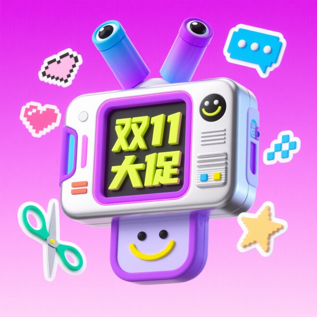 主体是银色未来感电子设备造型（带有霓虹紫边框），屏幕显示荧光黄笑脸和“双11大促”字样，配备双根蓝紫渐变的 “潮玩天线筒” 和个性黑眼珠。周围环绕像素爱心、剪刀、星星、蓝色对话框、街头风贴纸等元素，背预览效果
