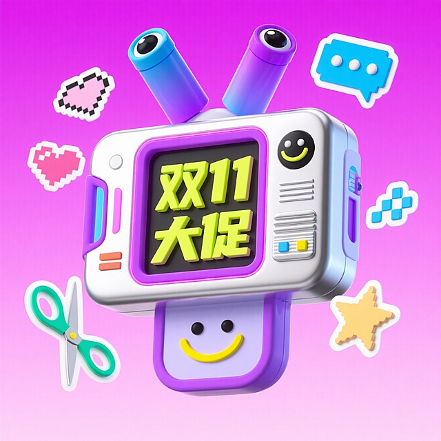 软3D风复古电视机拟人化设计，搭配像素心形与拼贴元素，萌趣十足，传递双11大促的可爱与促销感。