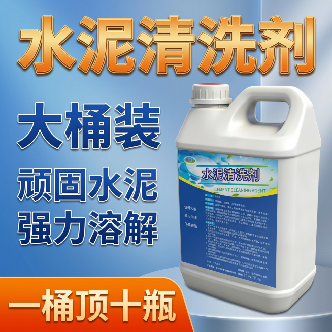 [单张主图] 水泥清洁剂电商促销主图，爆款促销感日用清洁商品主图，突出大包装强溶解的产品优势。
[画面主体] 画面左侧放大放置白色大容量塑料桶装水泥清洁剂，桶身、标签、产品外观必须与输入参考图保持绝对预览效果