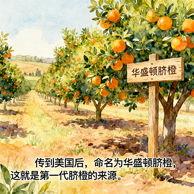 暖色调手绘风格，美国农场里种植着大片脐橙树，树旁立着写有“华盛顿脐橙”的木牌，配文字“传到美国后，命名为华盛顿脐橙，这就是第一代脐橙的来源”