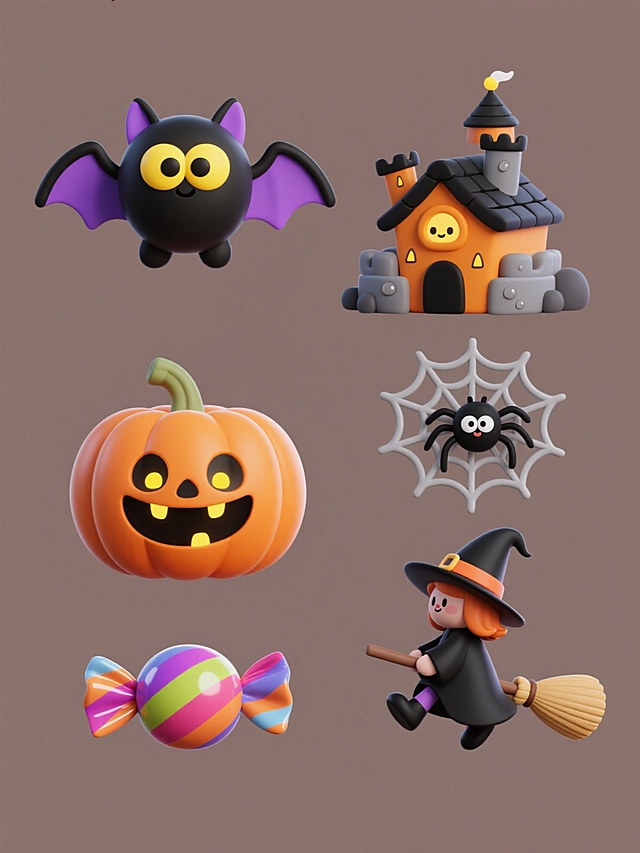 一组6个软3D风格的万圣节元素集合，规整排布在纯色背景上。每个元素都具有圆润可爱的造型、光滑的表面质感、明显的体积感和柔和的阴影，色彩鲜明且带有渐变过渡。元素包括：1. 黑色身体、黄色大眼睛、紫色内耳的卡通蝙蝠；2. 橙色主体、黑色屋顶、带有南瓜灯装饰的可爱城堡；3. 灰色蛛网、黑色蜘蛛、带有露珠效果的卡通蜘蛛网；4. 橙色南瓜、黑色面部轮廓、黄色内光的南瓜灯；5. 多彩糖纸包裹、带有光泽感的圆形糖果；6. 黑色长袍、尖顶帽子、骑着扫帚的卡通女巫。整体画面风格统一，色彩明快，充满节日氛围。