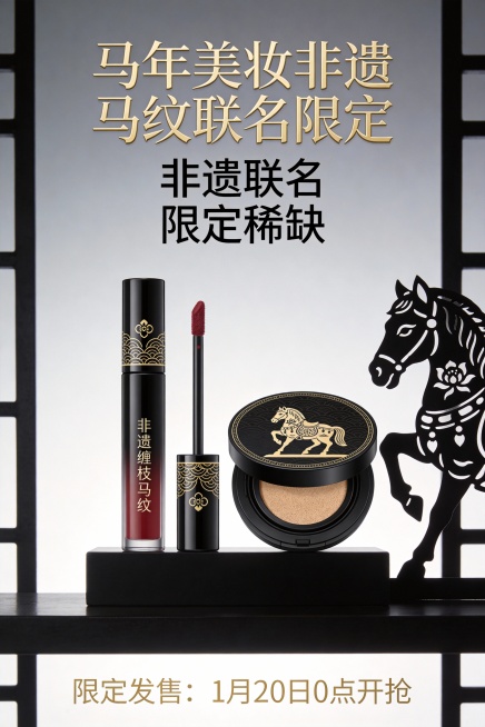 这张马年美妆品牌非遗马纹联名运营海报采用轻奢非遗联名风，是高端稀缺与马年非遗氛围的融合设计，适配品牌新春联名促销场景。
主体围绕非遗马纹联名美妆展开：哑光展台上陈列着印 “非遗缠枝马纹” 的联名美妆（预览效果