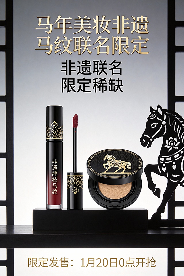 国潮风融合非遗缠枝马纹，鎏金浮雕点缀，剪影马形呼应皮影艺术，中式复古奢华感尽显，马年限定美妆礼献。