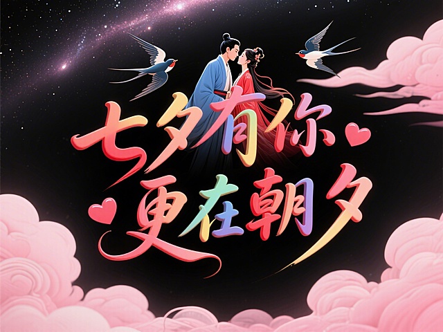 文字“七夕有你 更在朝夕”，文字穿插点缀爱心和喜鹊。高级感，黑底红字。背景：中国古代传统风格，古风情侣身着飘逸古装，深情对视，男子身穿蓝衣，女子身穿红衣。背景是银河，云朵，喜鹊在空中飞翔，画面整体呈现浪漫的粉色调。背景不要黑色，文字要立体七彩的