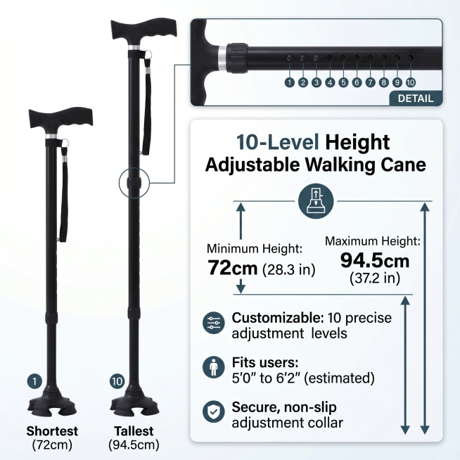 Amazon main image of a black walking cane, 10-level height adjustable, adjustment range 72-94.5cm, E预览效果