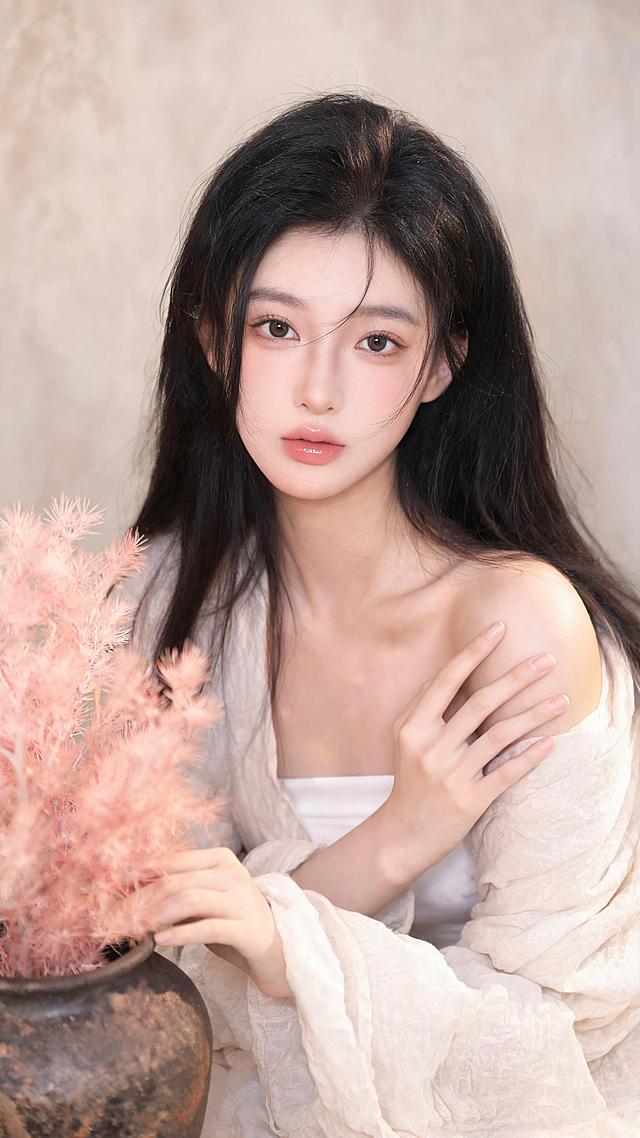 脸型与皮肤：流畅饱满的鹅蛋脸，面部软组织充盈，自带柔媚幼态感；皮肤呈冷调白皙质感，面中扫淡粉色腮红，通透带自然水光，伪素颜清透妆感，保留细腻原生肌理，无厚重粉感。眉眼细节：平缓柔和的自然野生眉，毛流感真实；大杏眼眼尾微微上扬，纤长卷翘的睫毛根根分明，眼下卧蚕饱满圆润，眼妆带淡粉调细闪，眼神清澈温柔直视镜头，自带无辜柔美感。鼻唇细节：精致直鼻，山根线条自然，鼻头小巧圆润，鼻翼收窄线条柔和；饱满 M 唇，涂抹粉调水光唇釉，唇峰清晰，唇色温柔显嫩，整体五官比例舒展协调。发型造型：乌黑顺直长黑发，高颅顶蓬松造型，发丝柔顺有自然光泽，额前、鬓角散落细碎胎毛修饰脸型，部分发丝随风轻扬，强化灵动松弛感。穿搭与肢体：内搭白色抹胸，外搭米白色肌理感棉麻宽松罩衫，自然滑落至肩头，露出流畅肩颈线条，面料带自然褶皱肌理，慵懒温柔；侧身坐姿，双手纤细修长，左手轻搭肩头，右手轻触花束，姿态舒展柔媚。前景道具：画面左下角放置深棕色粗陶纹理花瓶，瓶身带复古做旧肌理；瓶中插满粉雾感毛绒干花（粉色永生蓬莱松），花材呈蓬松雾感形态，粉棕渐变色调层次丰富，前景做重度虚化处理，形成柔焦雾感边框，大幅提升画面氛围感与空间纵深感。主背景：暖米杏色哑光肌理墙面，类似艺术涂料 / 微水泥质感，纹理细腻柔和，无多余装饰，色调统一温暖，完全服务于人物主体。整体调性：无杂乱杂物，色彩统一在暖米 + 柔粉的低饱和色系中，视觉重心牢牢锁定人物，干净治愈，是典型的轻私房温柔写真场景。主光类型：侧前上方暖调漫射柔光，模拟午后窗边自然光，光质柔和弥散，搭配轻微黑柔滤镜效果，是柔雾写真的核心布光逻辑。顶部光效：光线从头顶前上方均匀洒落，在乌黑发顶形成柔和的暖金色发丝轮廓光，发丝边缘呈现通透光晕，强化头发蓬松感与空气感；光影过渡自然无硬边，无过曝刺眼的高光。面部光影：人物左半脸（观众视角右侧）受光均匀提亮，右半脸形成柔和自然的阴影，光比约 1.5:1，光影过渡顺滑无痕；既突出面部立体感，又保留皮肤通透柔焦质感，肩颈处光影层次柔和，线条舒展。整体氛围：整体暖杏色调，低对比度，高光柔和不溢出，暗部通透有细节；画面自带朦胧柔焦雾感，温柔治愈，兼具写实质感与油画氛围感。