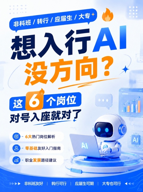 修改海报顶部蓝色对话框中的文字，将"非科班 / 零基础 / 女生"改为"非科班 / 转行 / 应届生 / 大专"，同时将海报底部的文字从"女生友好 | 转行可行 | 未来可期"修改为匹配新内容，保持海预览效果