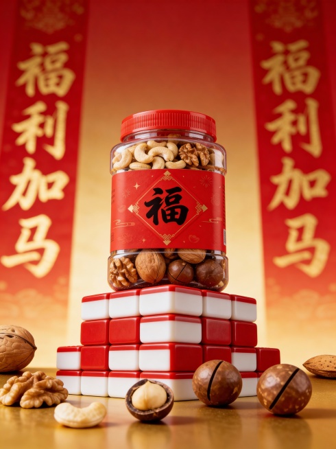 红色麻将堆叠成创意展台，主体摆放在麻将展台上位于画面中心（主体占画面比40%，正面轻微仰拍视角），红金渐变背景（“福利加马”鎏金字体对联点缀，虚化），自然光影，保证溶图效果。预览效果