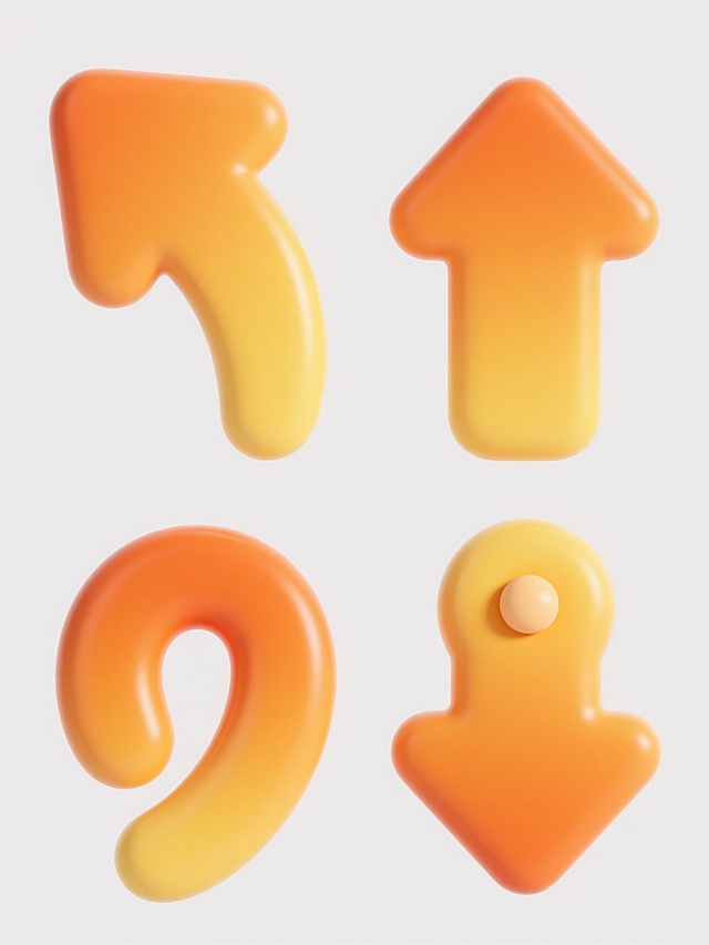 一组四个完全不同造型的橙色箭头元素系列素材集合，保持统一的3D立体风格，具有从黄色到橙色的渐变色彩，光滑圆润的曲面质感，清晰的高光和阴影表现，白色纯色背景，四个箭头造型各异（如：一个向左弯曲箭头、一个向上直角箭头、一个带弧度的双向箭头、一个箭头尾部有圆形装饰的箭头），所有箭头元素大小一致，采用规整的2x2网格排布，整体视觉协调统一。