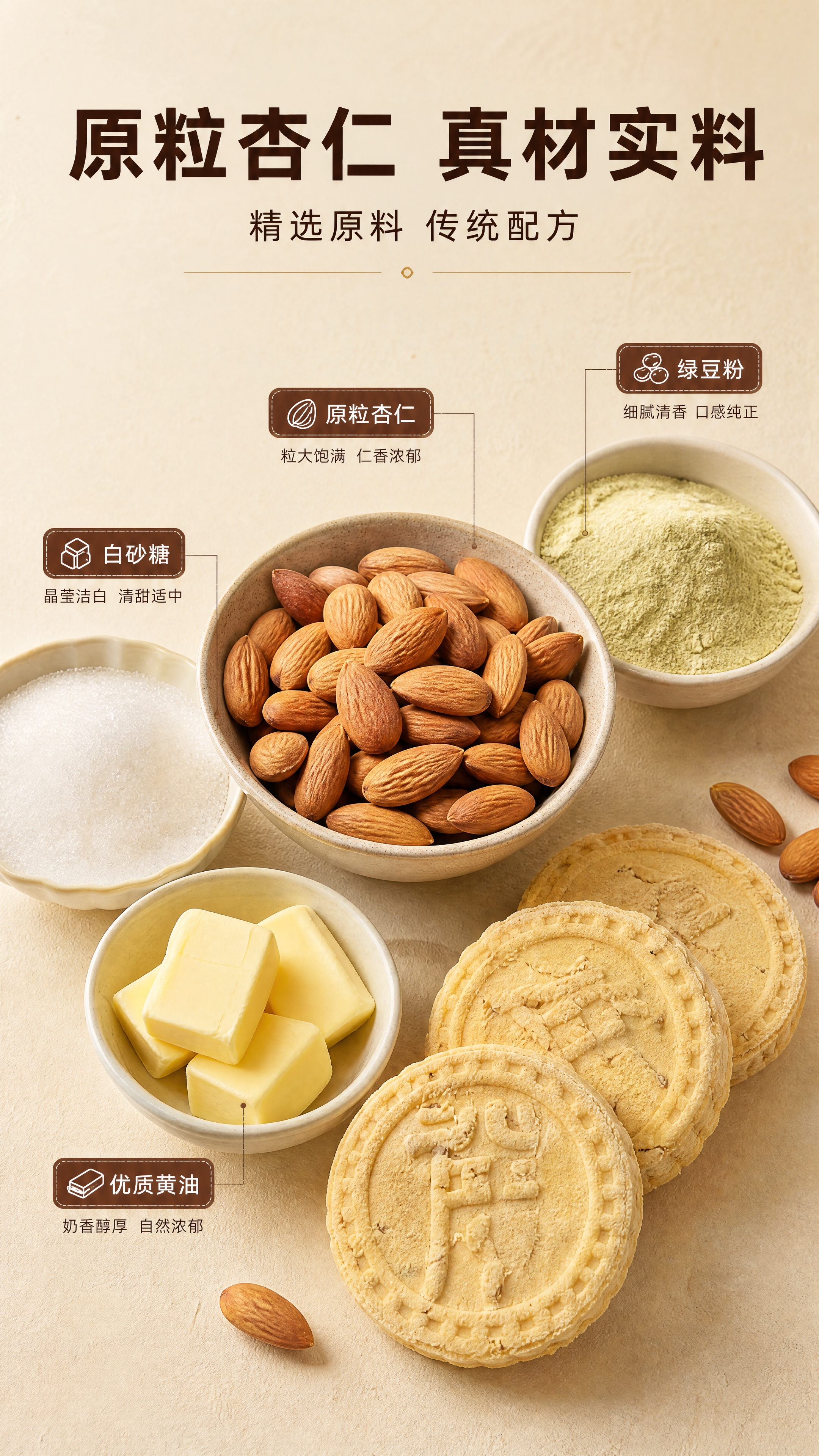 [商品] 使用【图2】杏仁饼实物；杏仁饼为浅棕黄色，表面有杏仁… - 图片创意预览