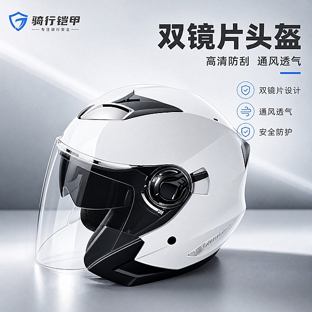 [主图-1] 商品识别与核心利益，展示白色双镜片摩托车头盔的完整外观与高端品质感。
[统一基调] 淘宝电商主图风格，专业品质感，冷灰科技底色搭配白色高亮产品，主标题字体为粗黑体深灰色，辅助文字为中灰色，强调色为科技蓝，整体简洁大气，突出产品质感。
[画面] 白色双镜片半盔摩托车头盔位于画面正中央，采用30°-45°侧前方视角，完整展示头盔外形轮廓、透明外镜片、内置深色墨镜双镜片结构、顶部通风口、侧面镜片调节旋钮、黑白撞色设计。产品占画面约70%，头盔下方有柔和接触阴影，背景为浅灰到深灰的渐变科技感背景，左上角有简洁品牌标识区域。头盔表面有细腻高光反射，体现ABS材质的光滑质感，透明镜片有通透反光效果。
[光影质感] 商业摄影棚拍质感，主光从左上方45°照射，右侧有柔和补光，头盔表面形成自然的高光过渡，边缘清晰锐利，底部有真实接触阴影，整体立体感强，材质表现真实。
[配色] 背景主色为冷灰色渐变，产品主体为白色+黑色细节，标题文字深灰色，强调点缀色为科技蓝，整体色调干净高级。
[文字版式] 画面右上角竖排或横排主标题"双镜片头盔"，下方小字副标题"高清防刮 通风透气"，字体为无衬线粗体，文字清晰不遮挡产品主体，放在负空间位置。
[输出要求] 1:1正方形比例，2K分辨率，产品清晰锐利，文字清晰可读，无变形，无错字，无水印，无平台Logo，无多余杂物。