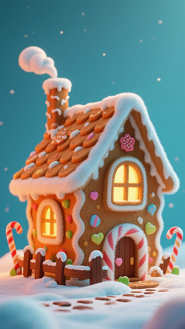 奇妙的姜饼屋，屋顶是烘烤完美的姜饼瓦片，糖霜冰凌边缘，烟囱飘出热可可蒸汽，窗户透出蜜色暖光，围栏是交替的拐杖糖与巧克力棒，覆着雪，超现实食物幻想，舒适温馨，魔法感，故事书插画风格，细节特写。