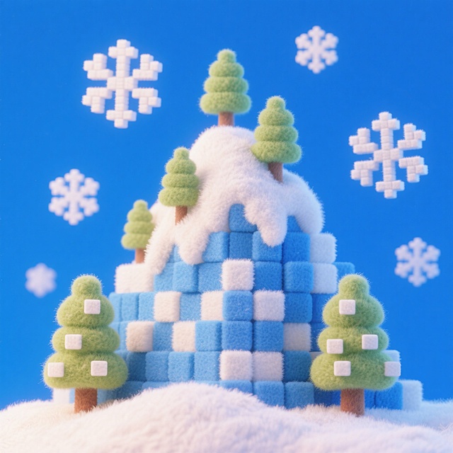 一座雪山，山上有树木，周围漂浮着雪花，纯蓝色背景