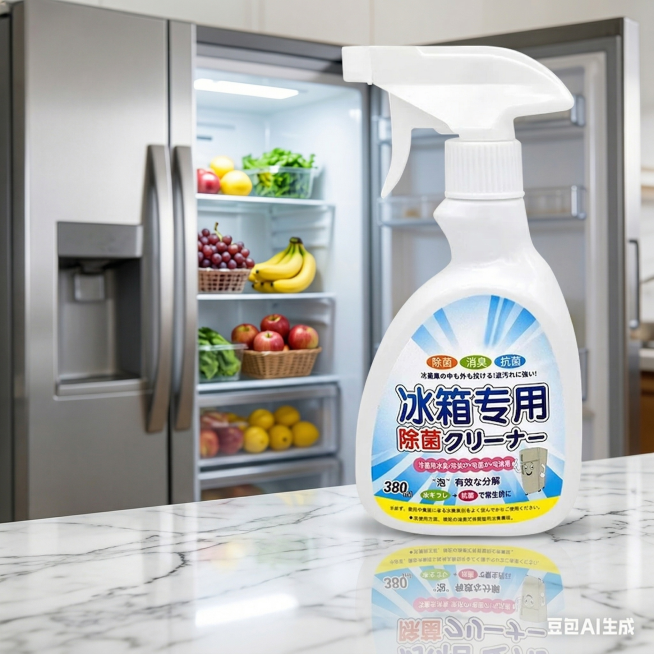 精修画面右侧的冰箱专用除菌清洁剂产品，优化产品放在桌面上的影子和倒影，将原桌面改成高级感的大理石桌面，打开的冰箱内部添加一些新鲜水果，让冰箱整体看起来干净清新。保留产品包装上所有原有的文字信息：“冰箱预览效果