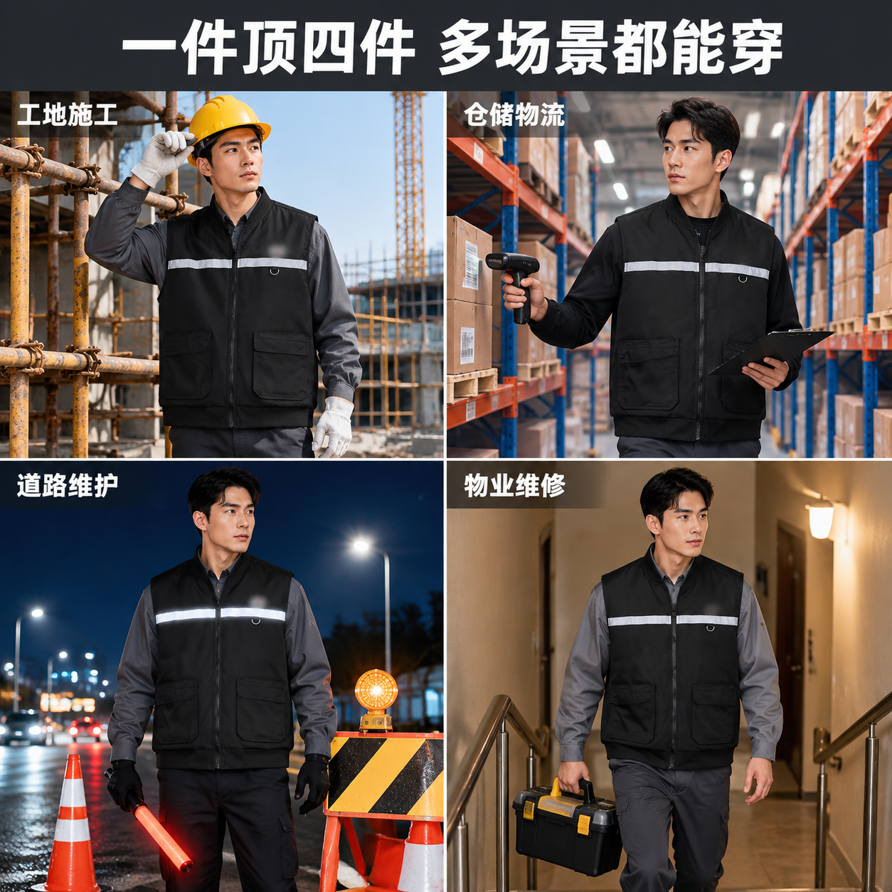 [主图-5] 多场景适用展示图，展示马甲在不同工作场景中的通用… - 图片创意预览