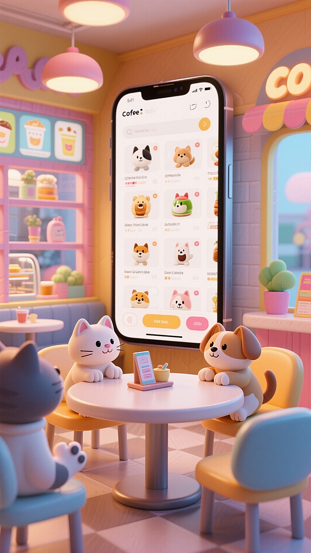 全景视角，咖啡厅里，小猫小狗正在手机点单。画面中心巨大的手机屏幕显示着各式各样的商品，周围有圆桌、橱窗等装饰元素。