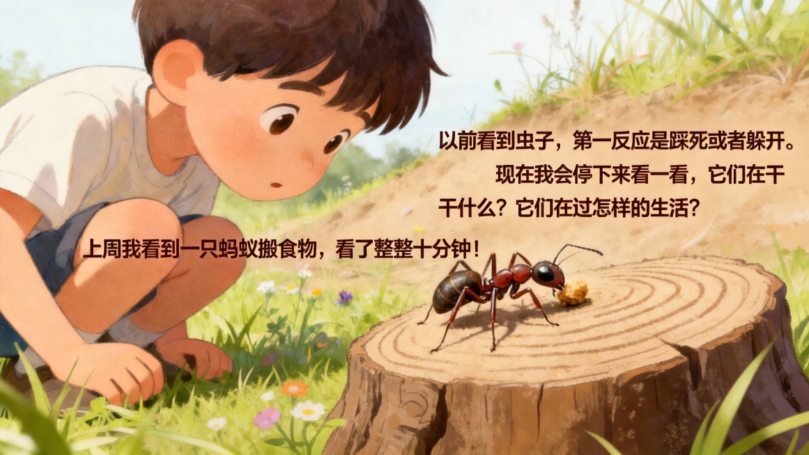 在第9页配图上添加文字：以前看到虫子，第一反应是踩死或者躲开。现在我会停下来看一看，它们在干什么？它们在过怎样的生活？上周我看到一只蚂蚁搬食物，看了整整十分钟！文字排版清晰美观预览效果